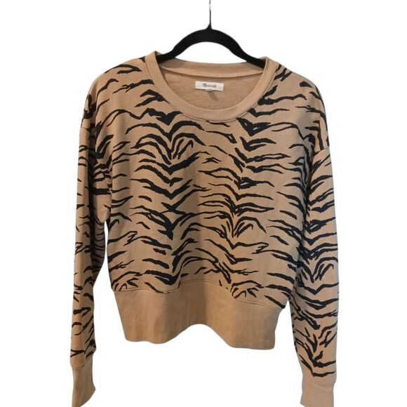 Madewell Medium TigerStripe Crop Sweatshirt Brown Black Animal Print Long Sleeve - Picture 3 of 13